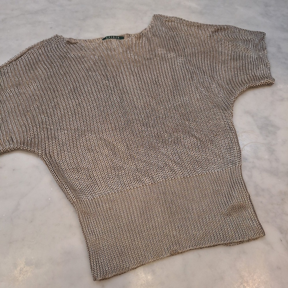 Lauren Ralph Lauren Knit Top Sz Preppy Lg Metallic Dolman Boat Neck SS Sweater